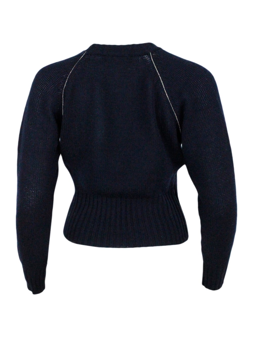 Shop Fabiana Filippi Slim-fit Long-sleeved Cashmere Crew-neck Sweater With Raglan Sleeves Embellished With Rows Of Monili In Blu