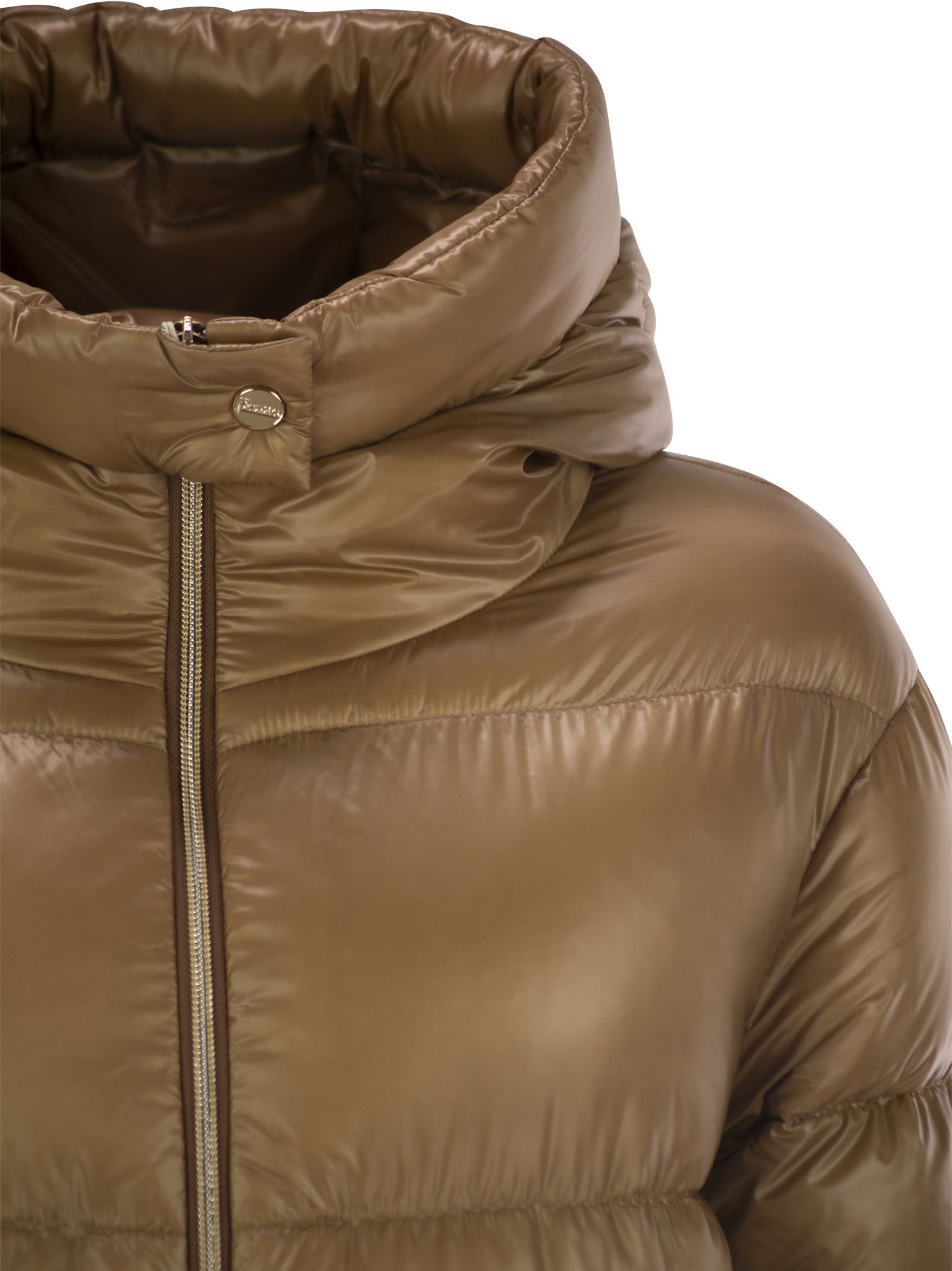 Shop Herno Long Down Jacket With Hood In Camel