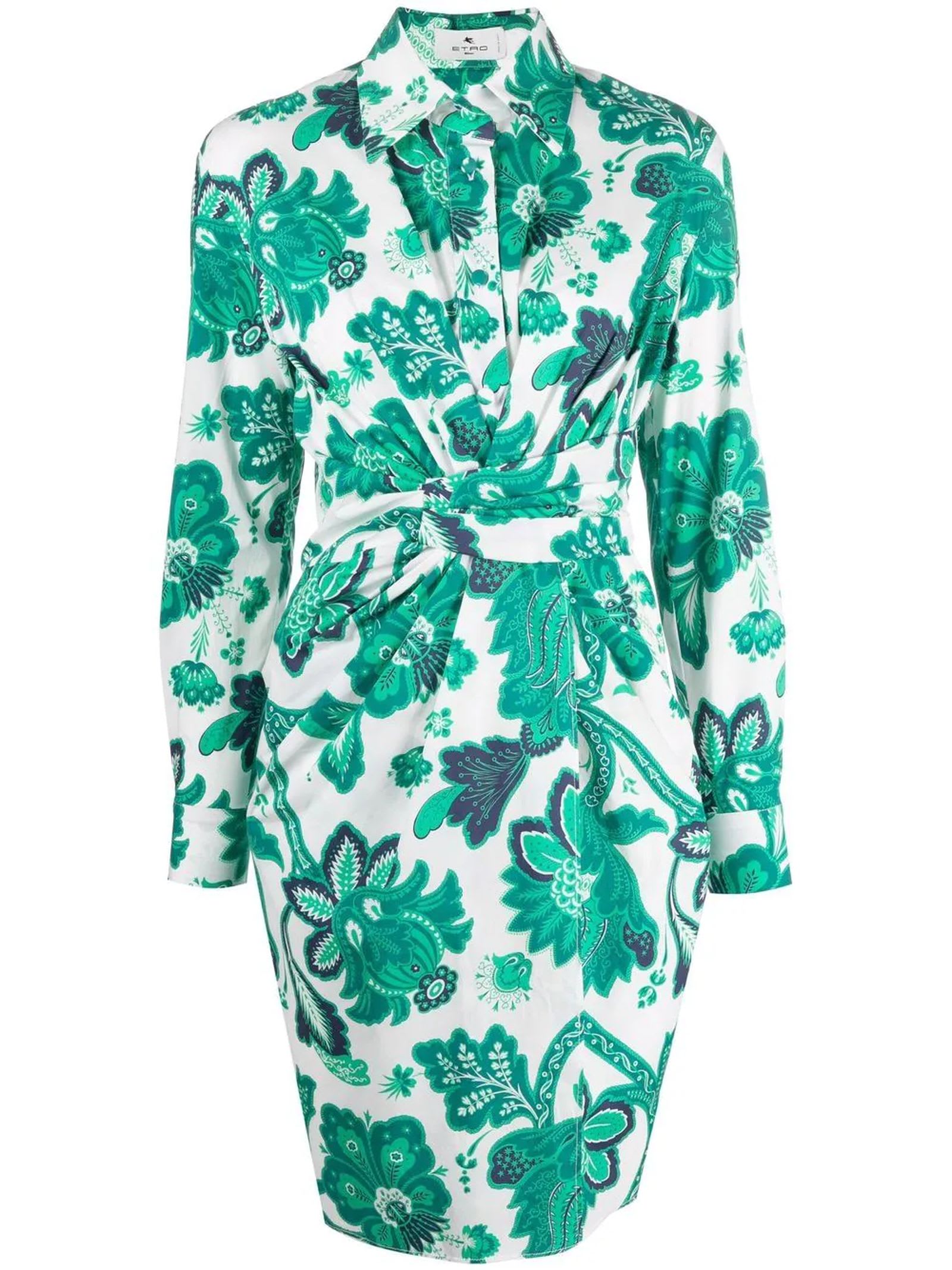 Etro White And Green Cotton Blend Dress