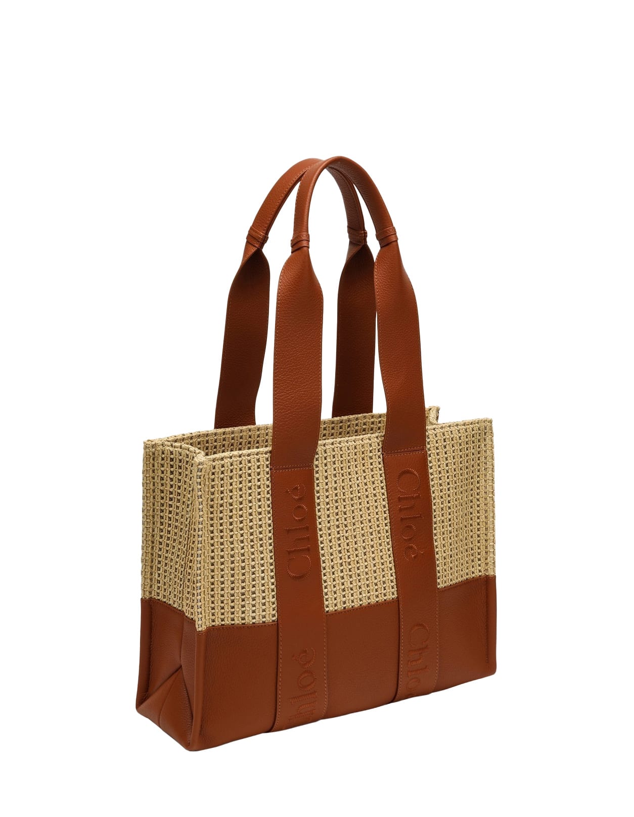 Shop Chloé Woody Medium Tote Bag In Leather And Raffia With Embroidered Logo In Brown