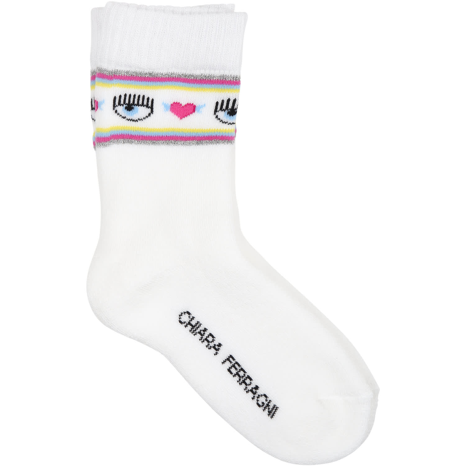 Chiara Ferragni Kids' White Socks For Girl With Flirting Eyes And Hearts