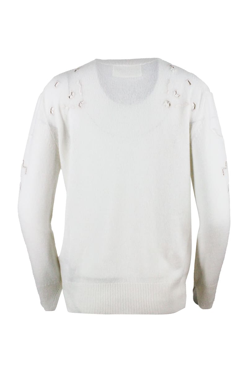 Shop Ermanno Scervino Long-sleeved Crewneck Sweater In Cashmere With Embroidery In White