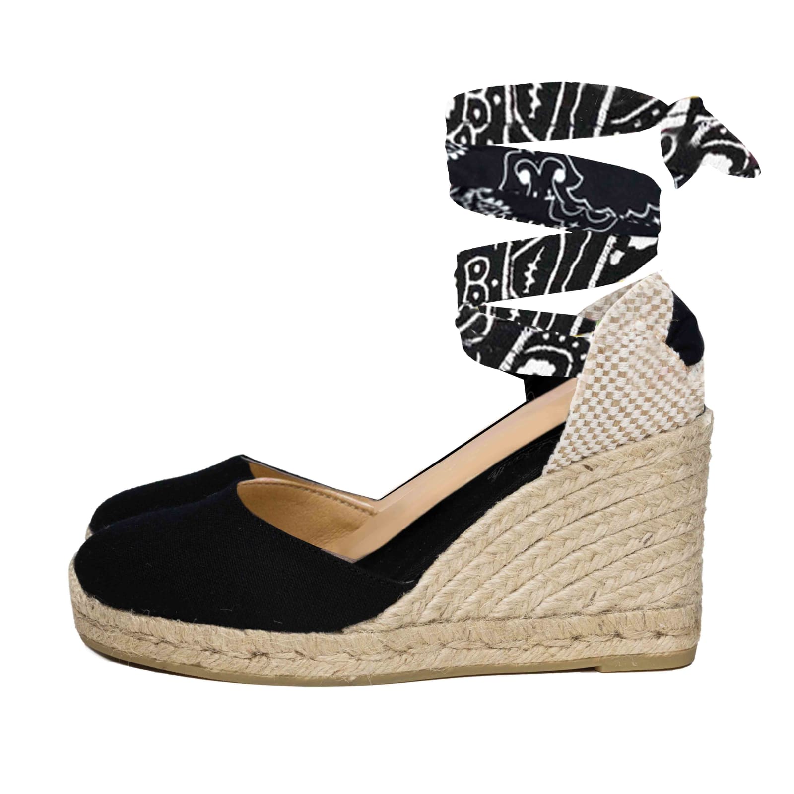 MC2 Saint Barth Black Print Canvas Espadrillas With Hight Wedge And Ankle Lace