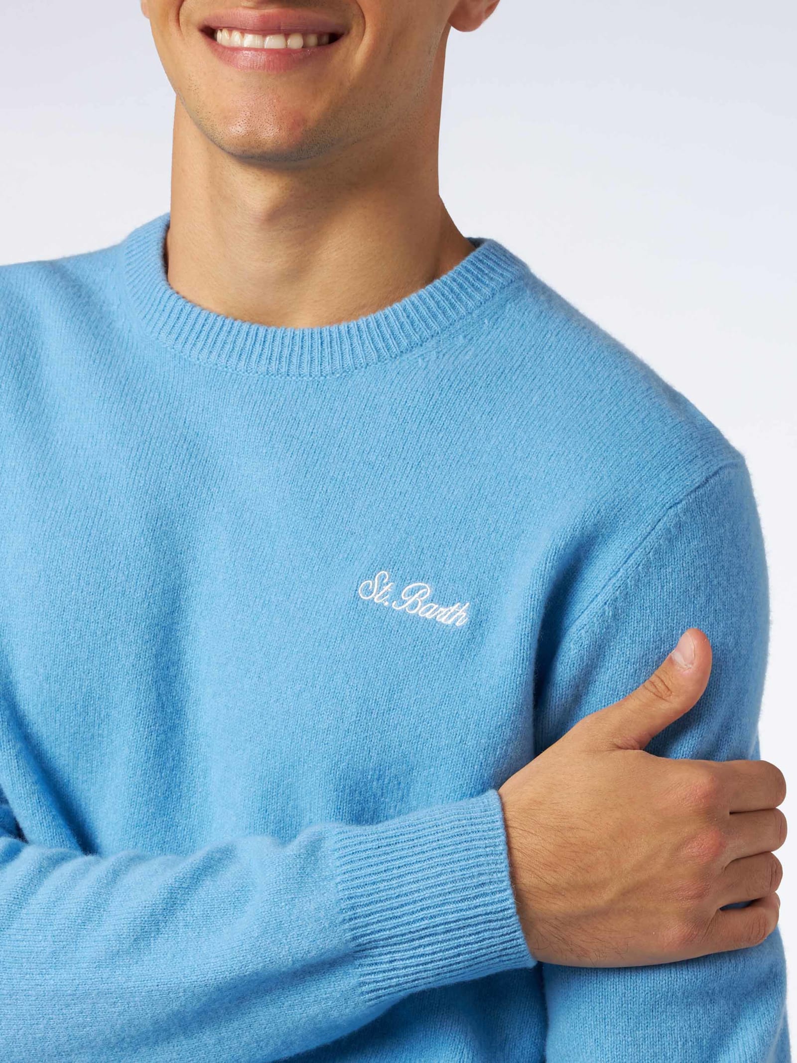 MC2 SAINT BARTH MAN CREWNECK LIGHT BLUE SWEATER WITH ST. BARTH EMBROIDERY