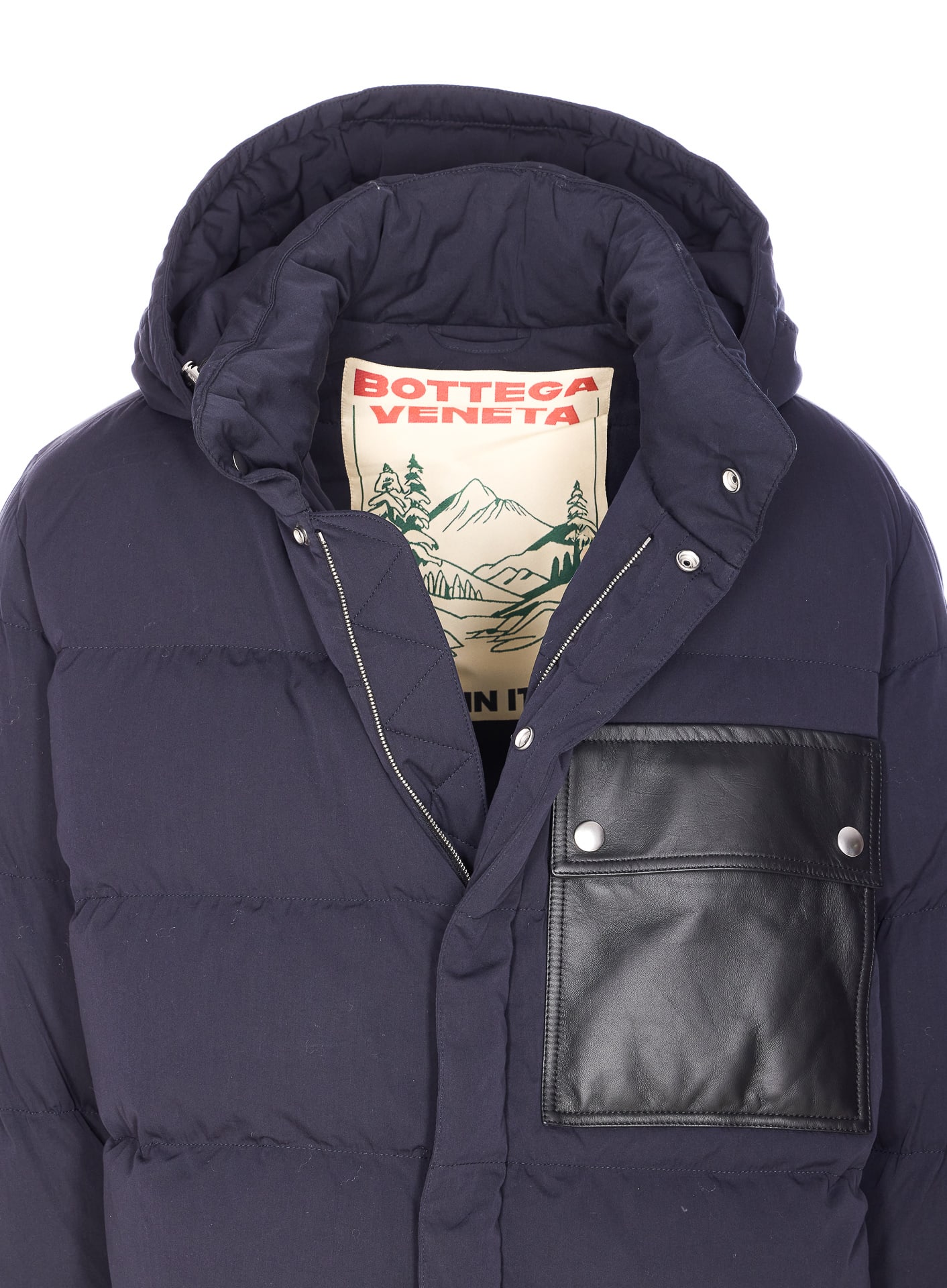 Bottega Veneta Men Down Jacket With Intrecciato Leather Patches On Elbow In Blue