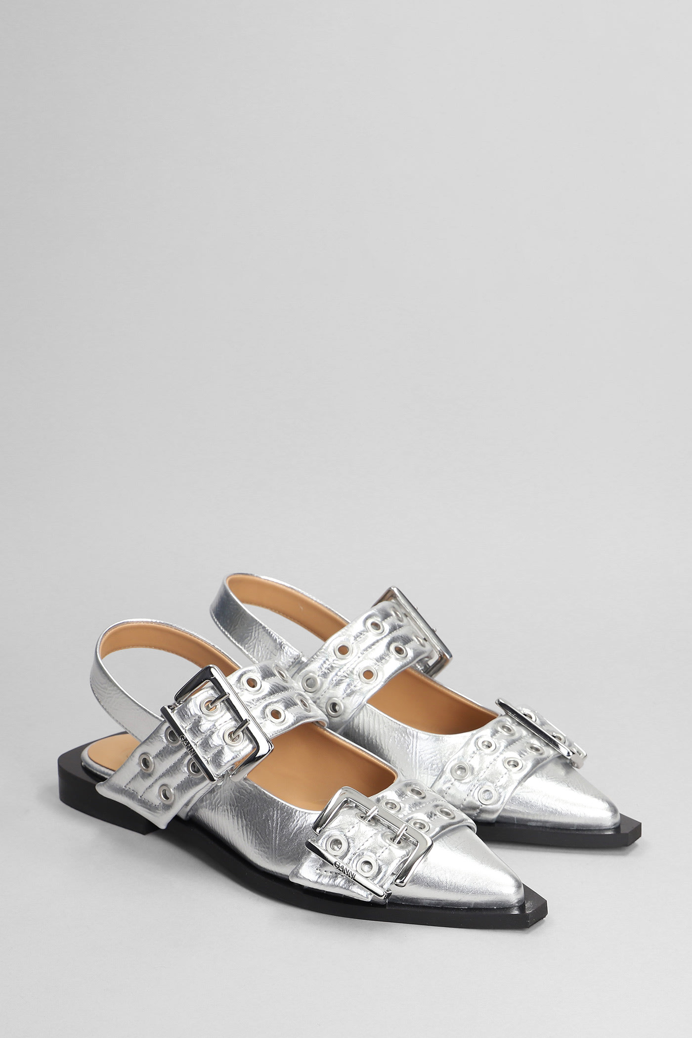 Shop Ganni Ballet Flats In Silver Polyester