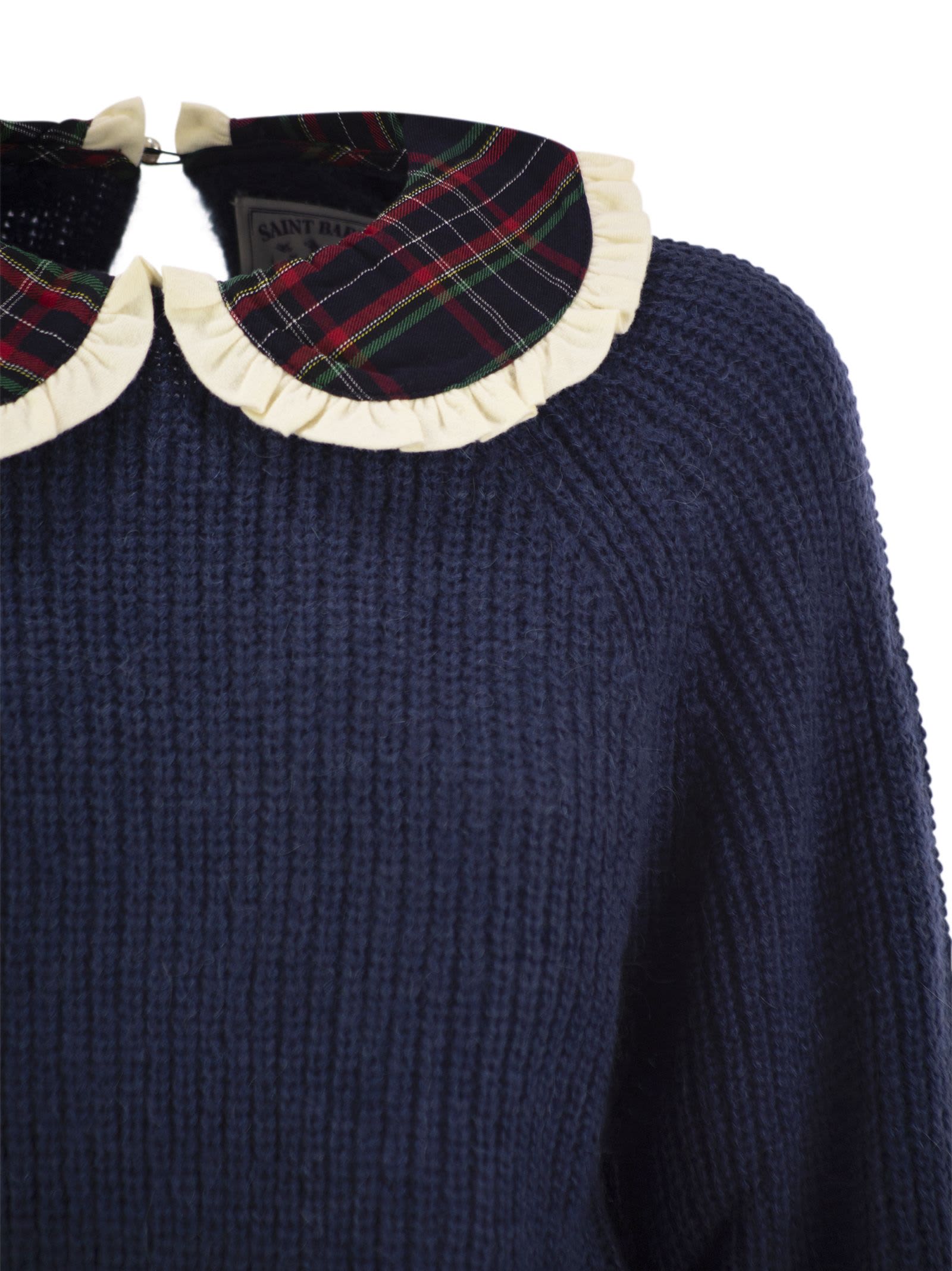 Mc2 Saint Barth Calia - Ribbed Jumper With Velvet Collar And Bow In Blue