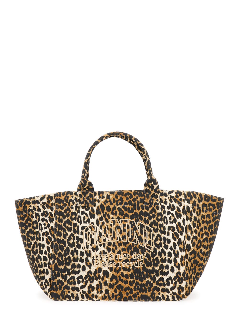 GANNI XXL BROWN TOTE BAG WITH LOGO EMBROIDERY AND LEOPARD PRINT IN RECYCLED COTTON WOMAN