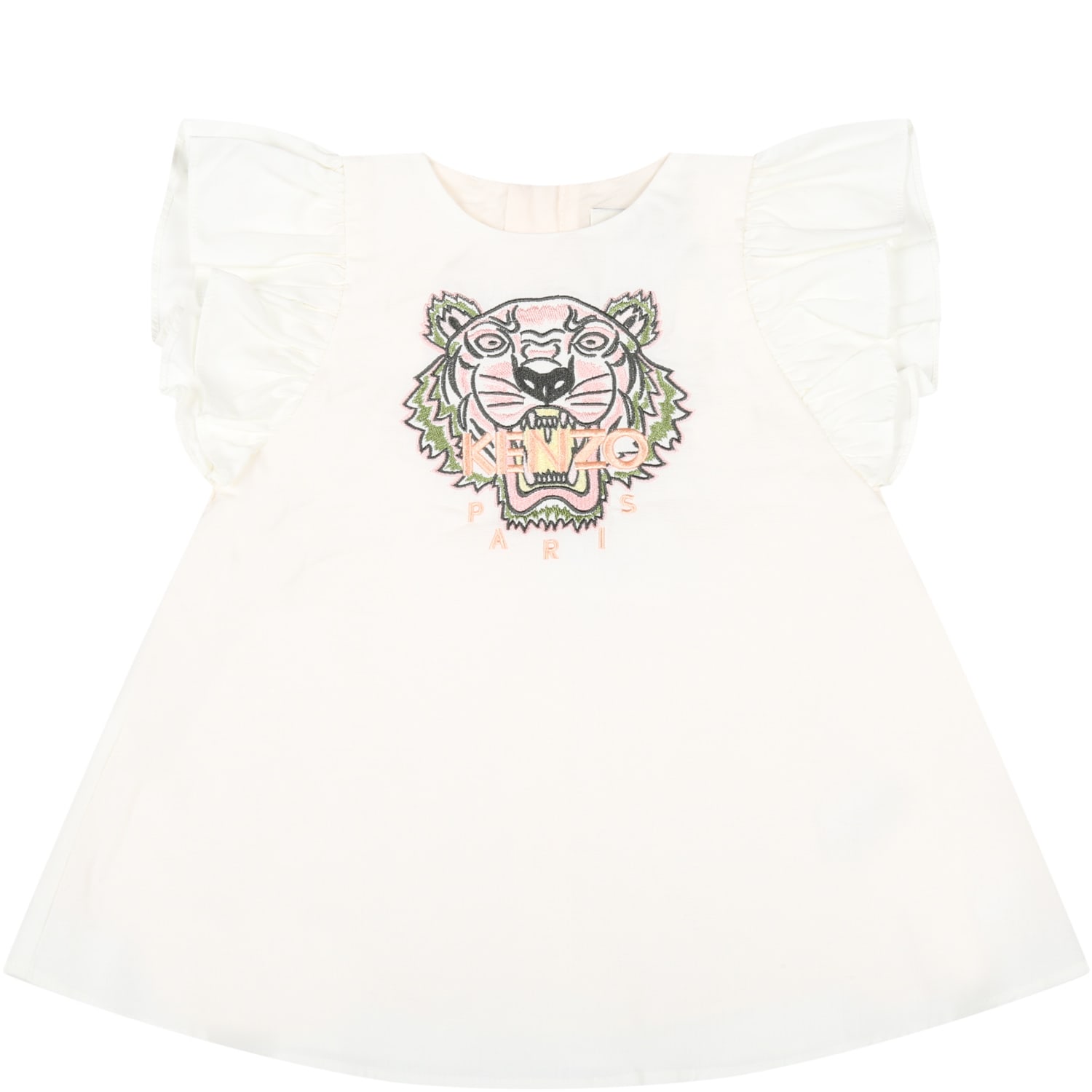 Kenzo Kids White Dress For Baby Girl With Tiger
