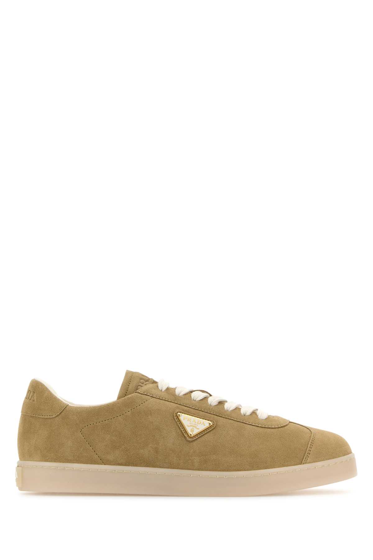 Shop Prada Beige Suede Sneakers In Ecru