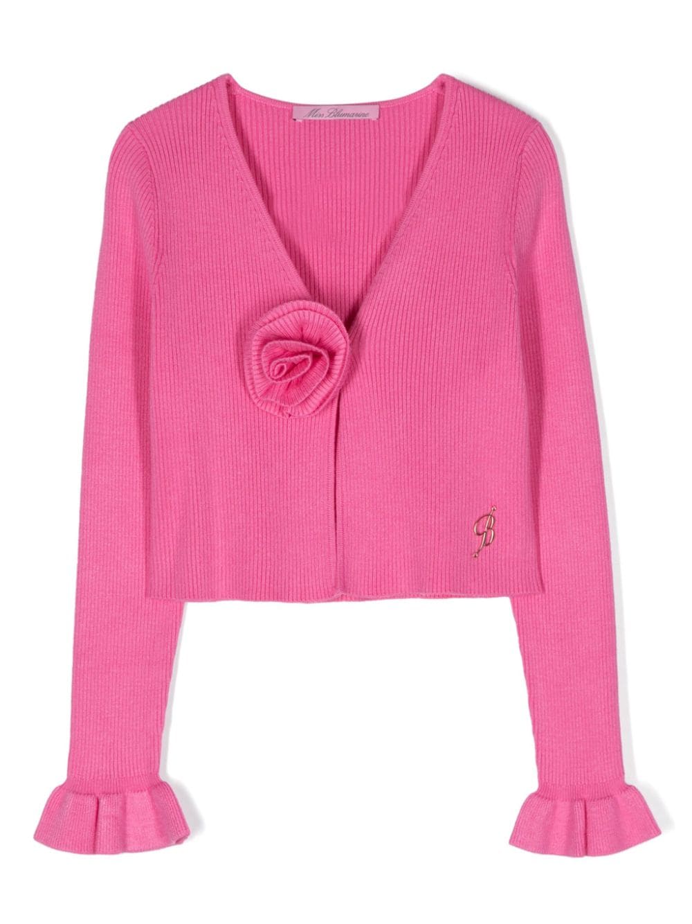 Shop Miss Blumarine Fuchsia Ribbed Cardigan With 3d Rose In Pink