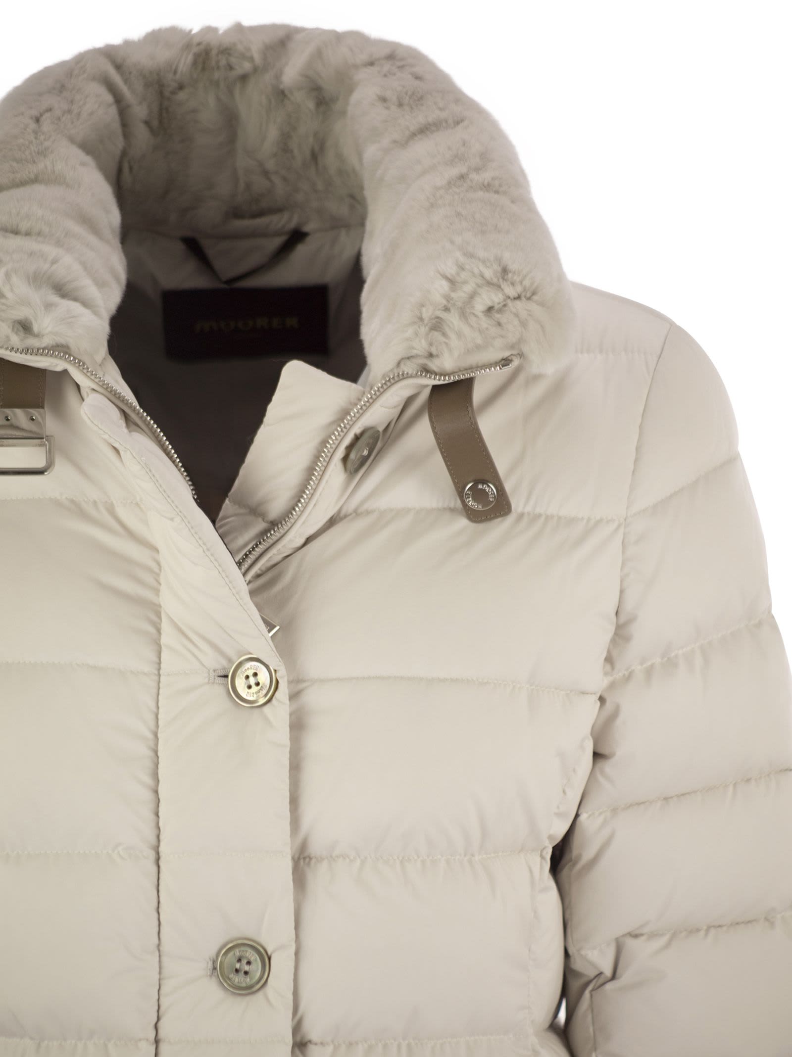 Moorer Vetiver-s3 Quilted Rabbit-fur Collar Jacket In Neutral