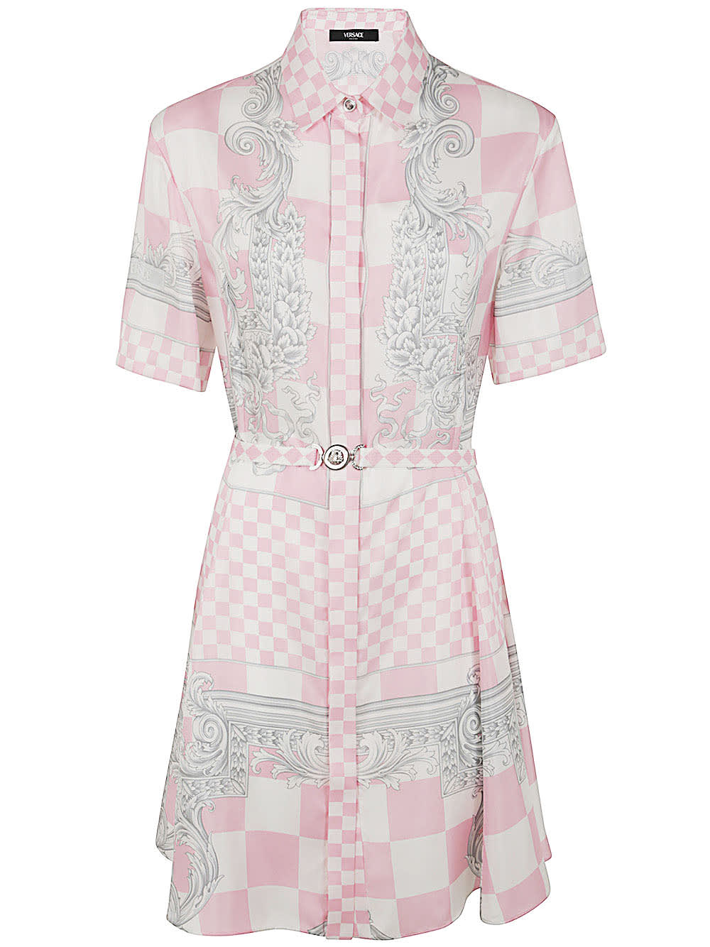 Shop Versace Printed Silk Twill Dress In Pastel Pink White Silver