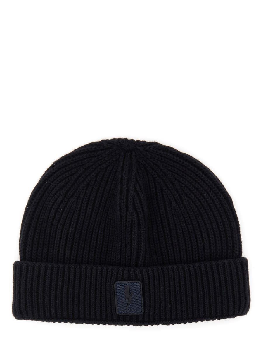 Shop Neil Barrett Beanie Hat With Logo In Black