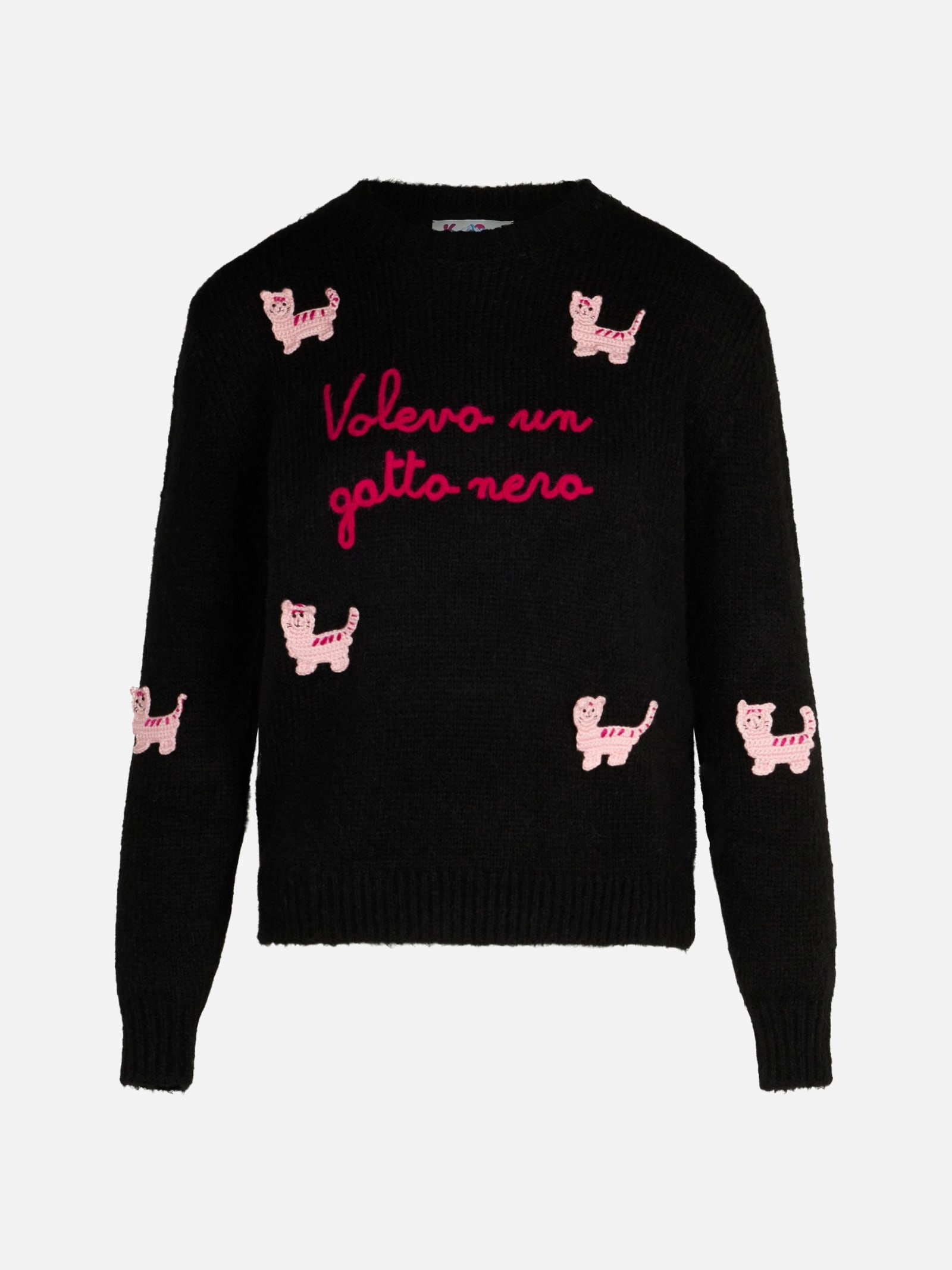 Shop Mc2 Saint Barth Woman Crewneck Soft Sweater With Cats Crochet Patch And Volevo Un Gatto Nero Embroidery In Black