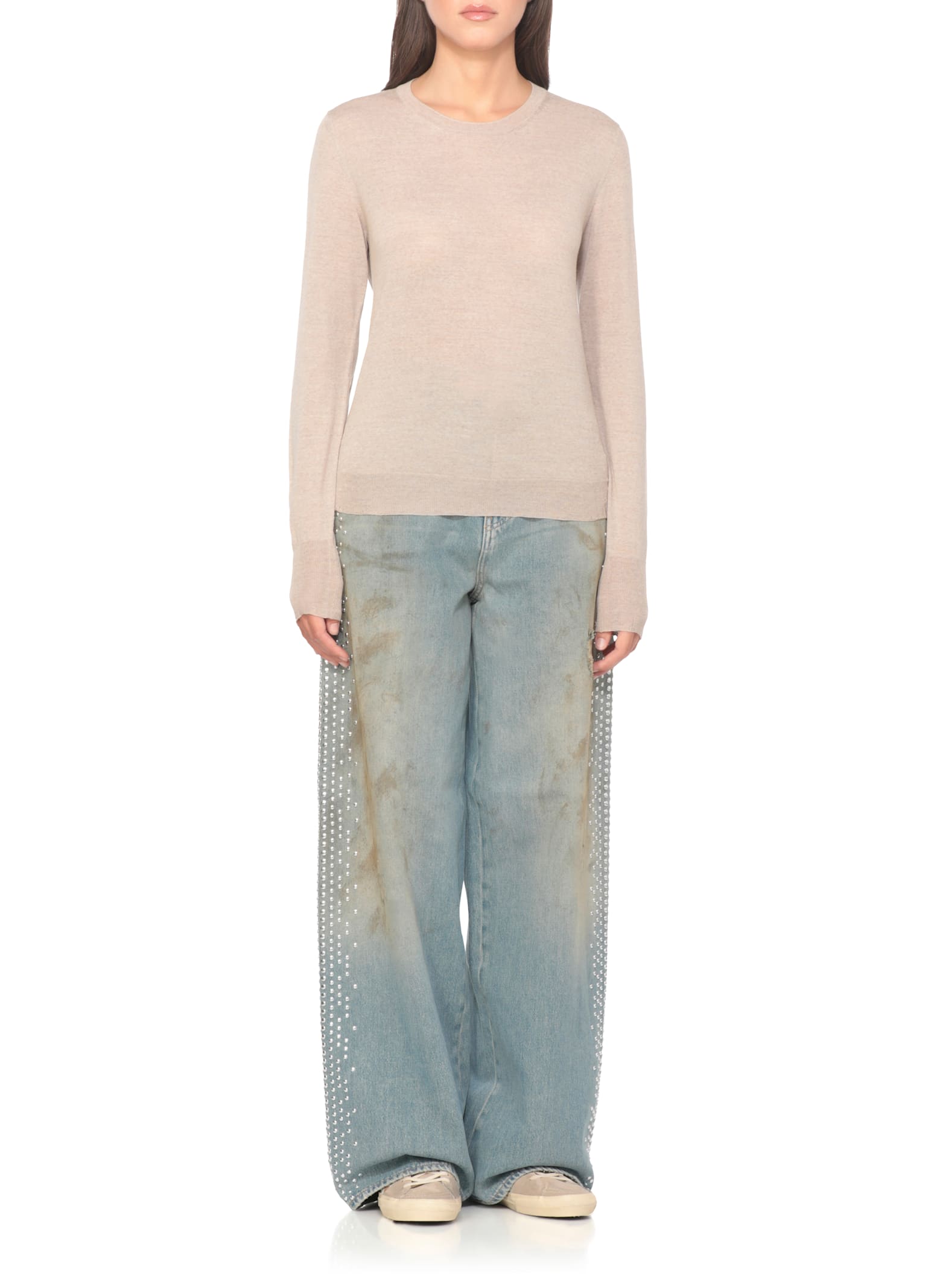Golden Goose Lightweight Wool Crewneck Sweater With Ribbed Trims In Neutral