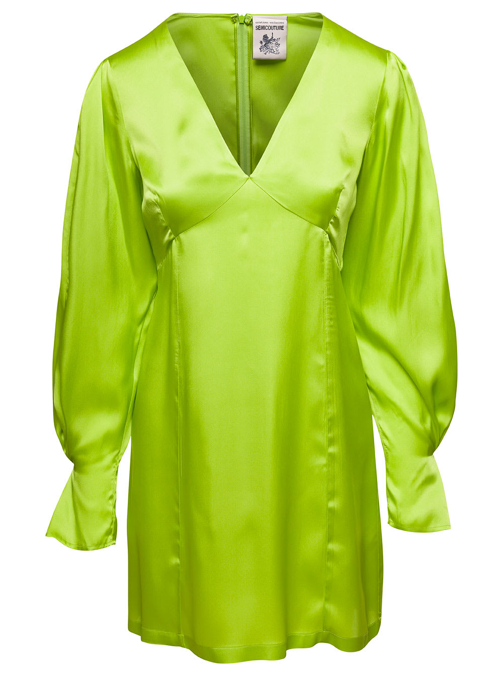 Shop Semicouture Lime Green Zoie Minidress V Neck Satin Effect In Silk Blend Woman