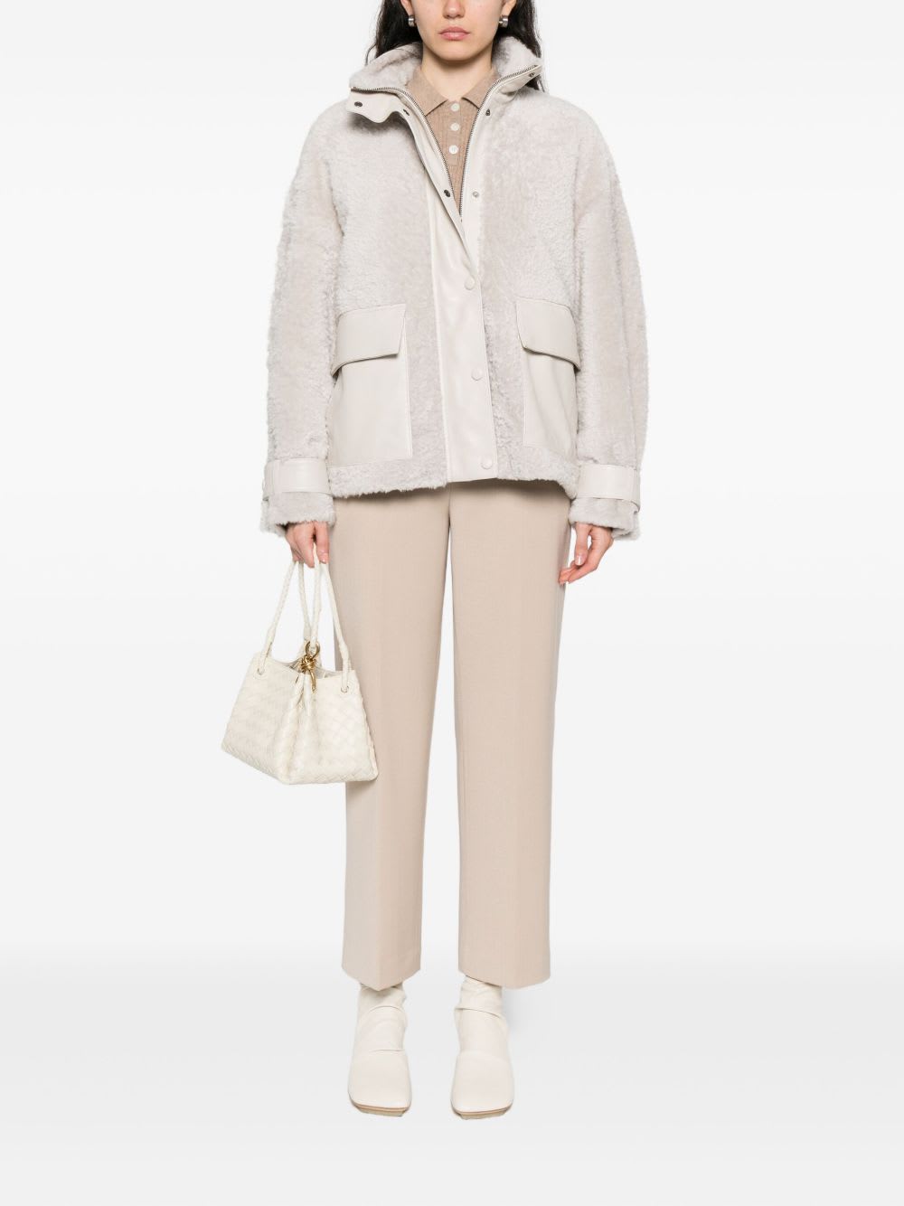Emporio Armani Shearling Leather Jacket In Neutral
