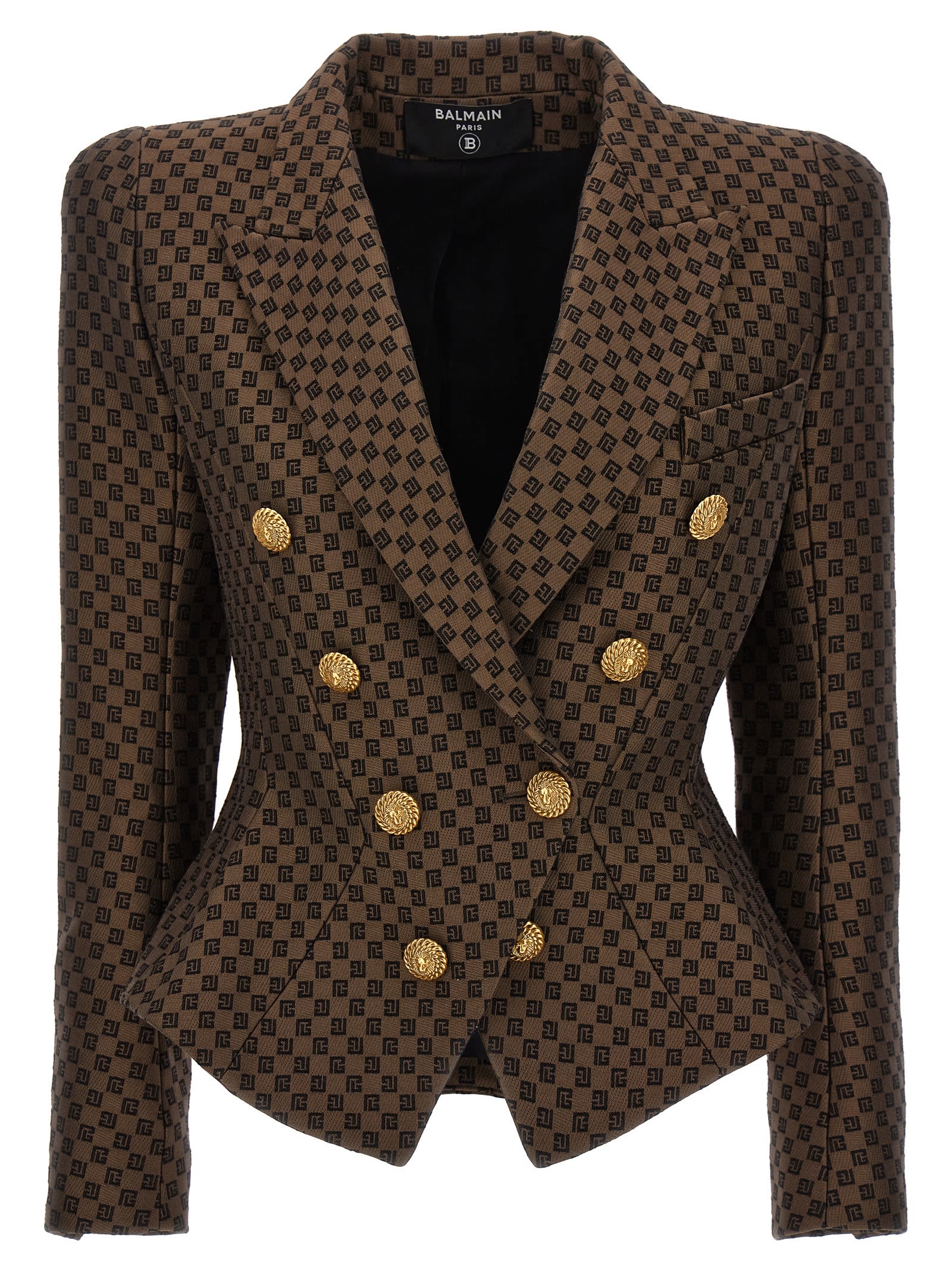 Balmain 8-button Monogram Jacquard Blazer Jacket In Brown