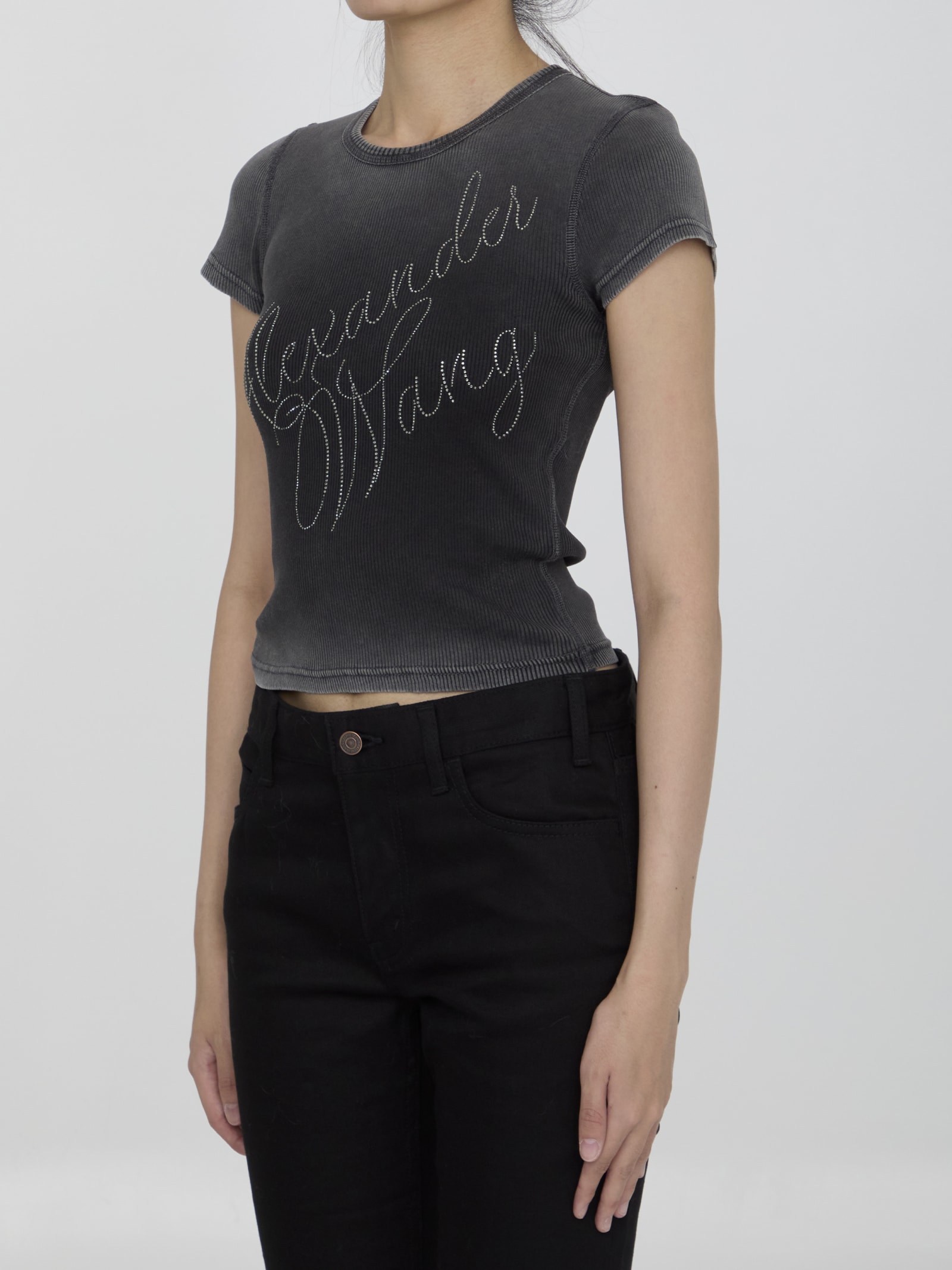 Shop Alexander Wang Crystal Hotfix Tee In Jersey In Grey