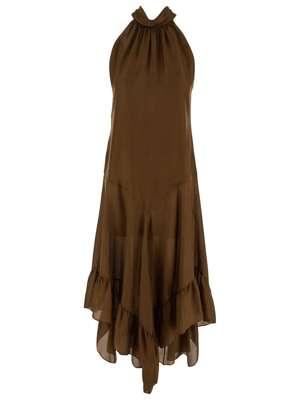 Philosophy Di Lorenzo Serafini Brown Silk Long Dress With Ruffles