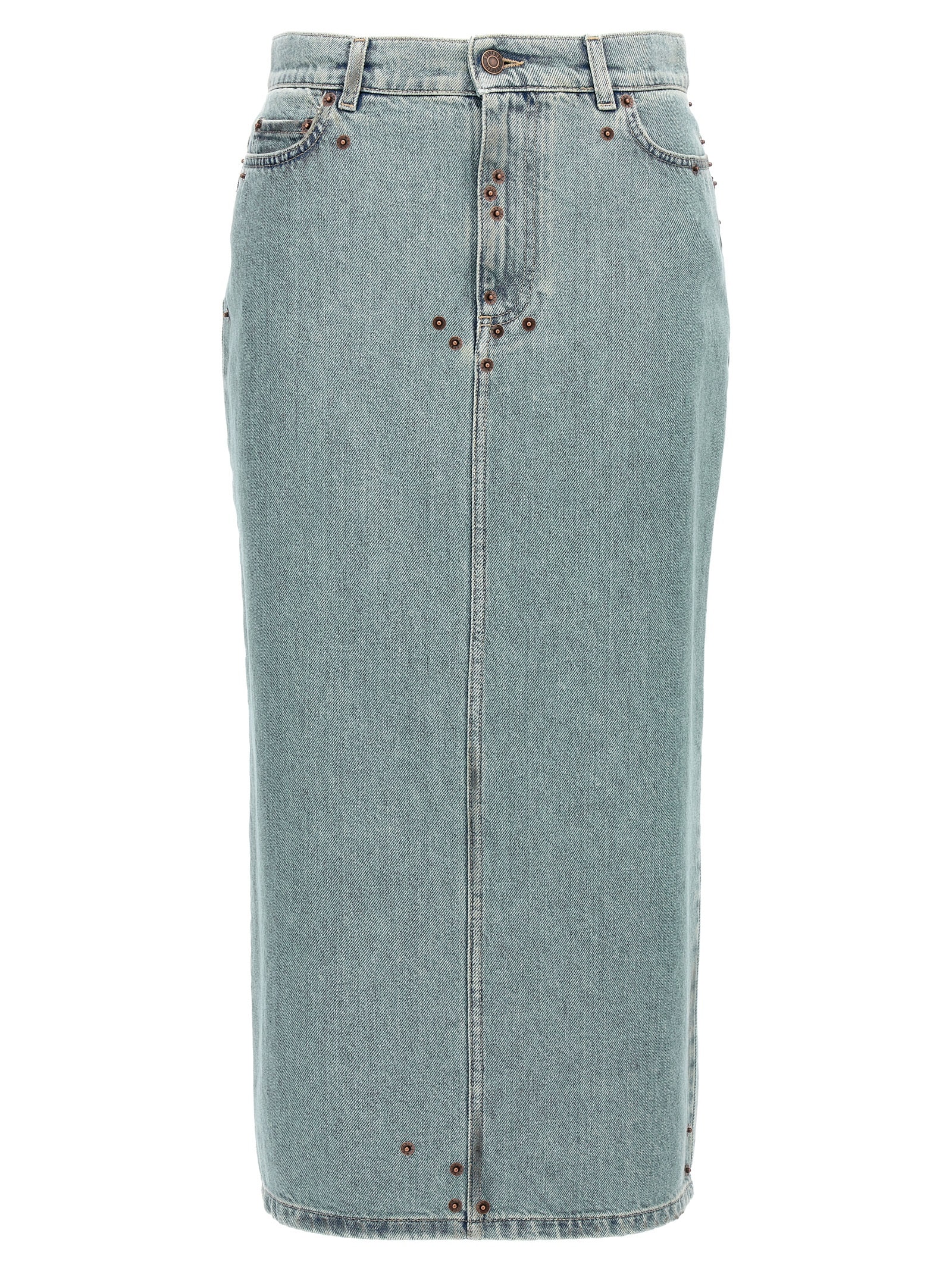 Shop Moschino Rivets Denim Skirt In Light Blue