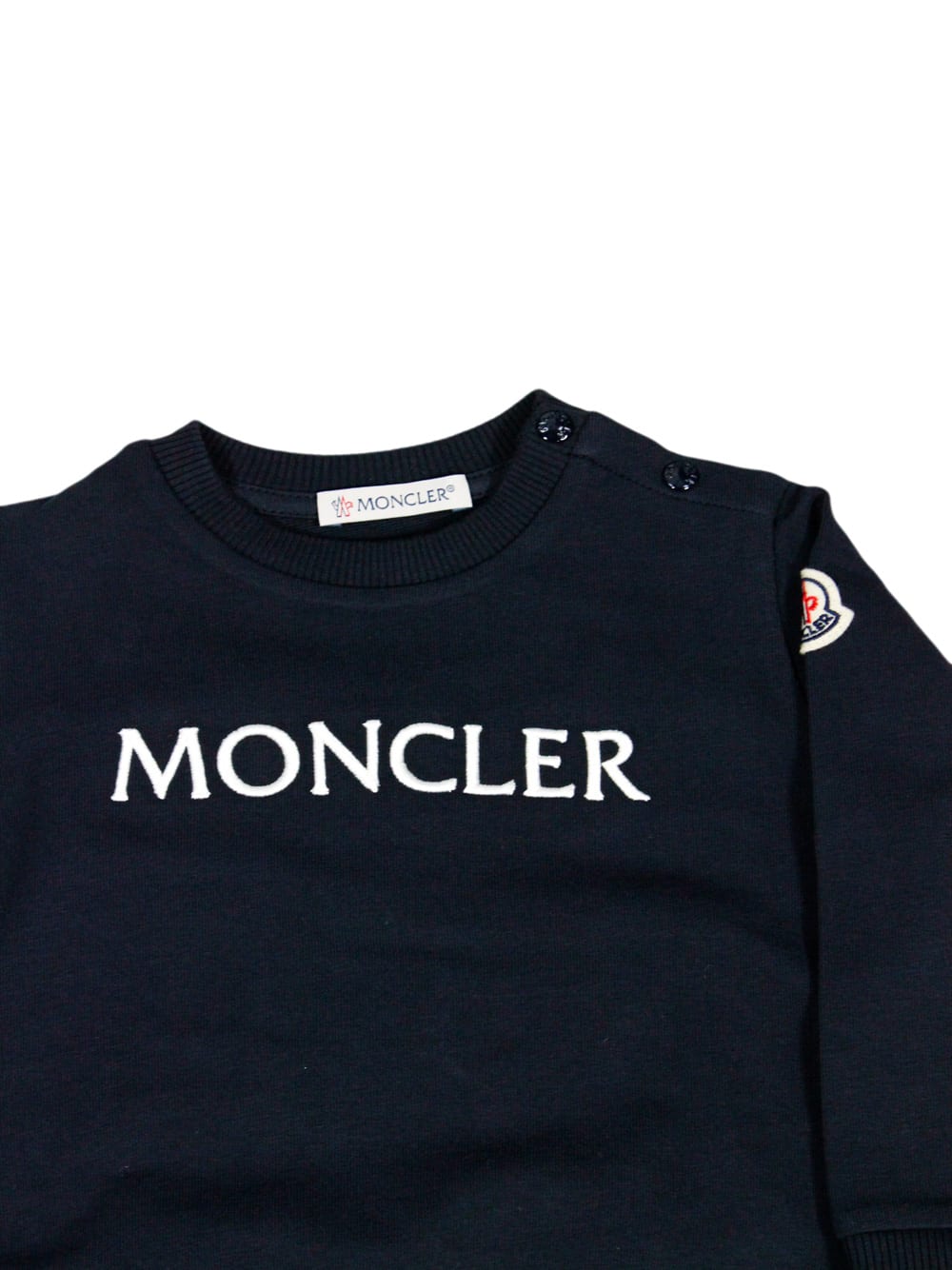 Shop Moncler Long-sleeved Crew-neck Sweatshirt In Fine Cotton With Writing On The Chest In Blu