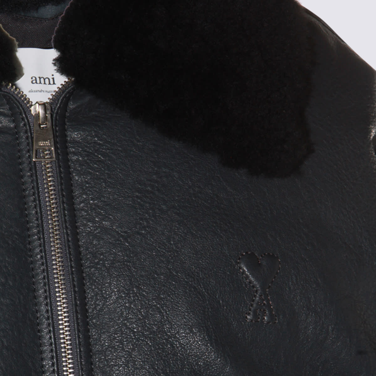 Ami Alexandre Mattiussi Leather Bomber Jacket Shearling Collar In Black