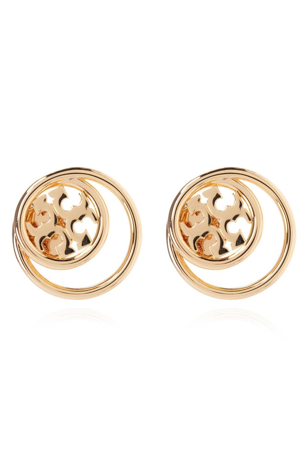 Shop Tory Burch Double-ring Logo Plaque Earrings In Gold