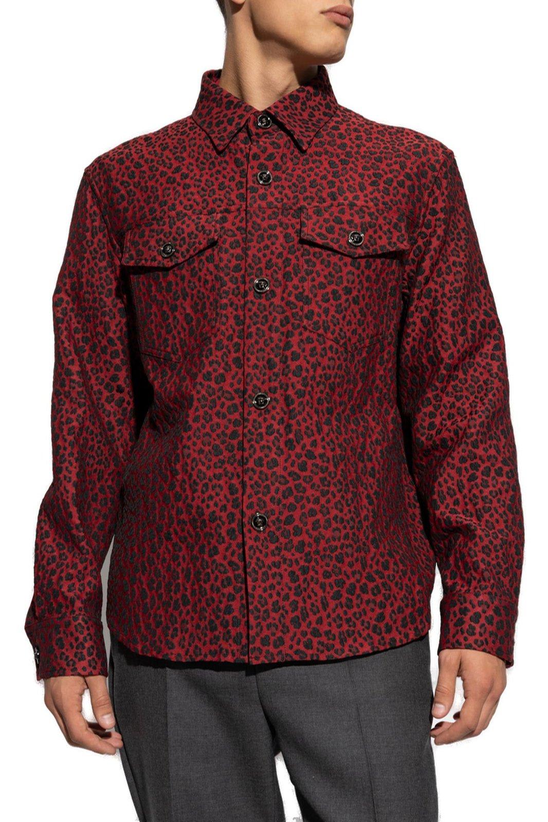 Shop Versace Leopard-embroidered Button-up Shirt In Lipstick Red-black