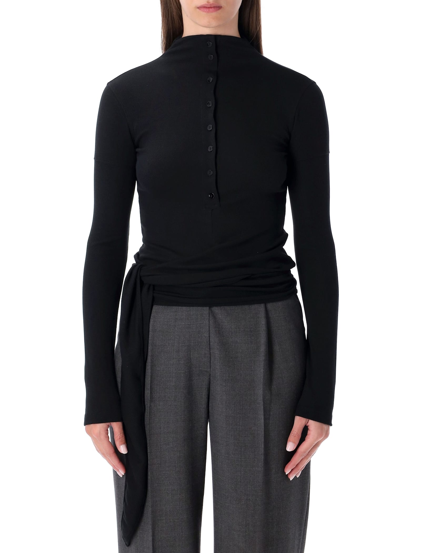 Low Classic Black Long Sleeve Half-neck Wrap Top In Black