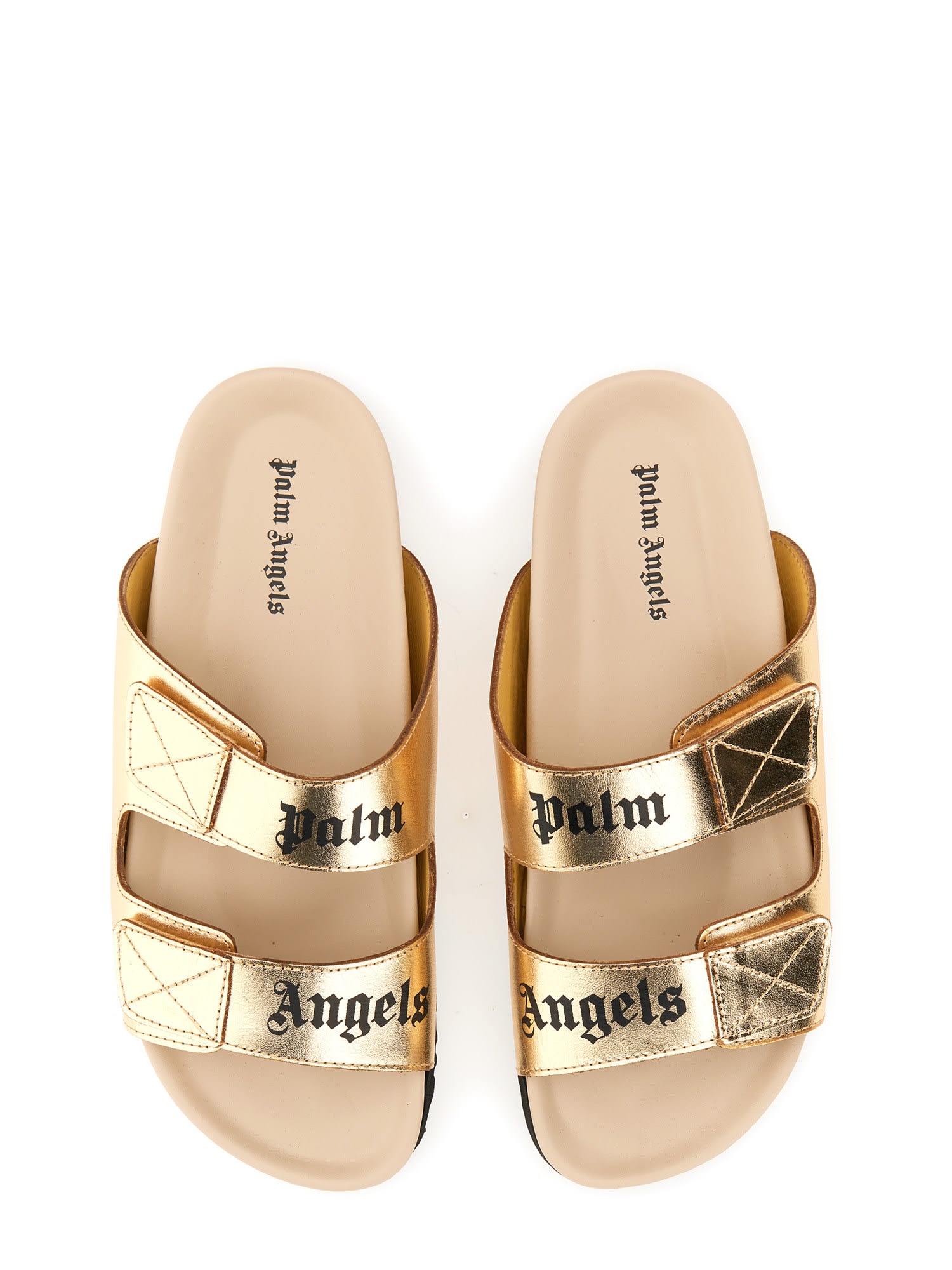Palm Angels Logo-print Leather Slides In Oro