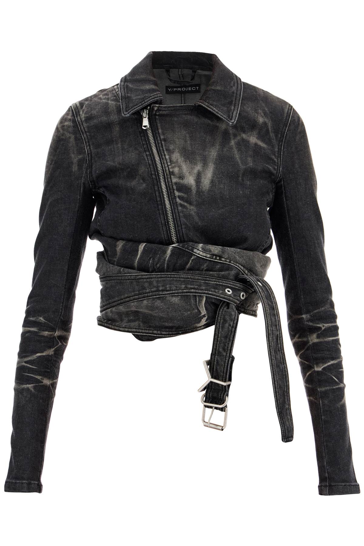 Shop Y/project Denim Jacket With Criss-cross Belt In Faded Black (black)