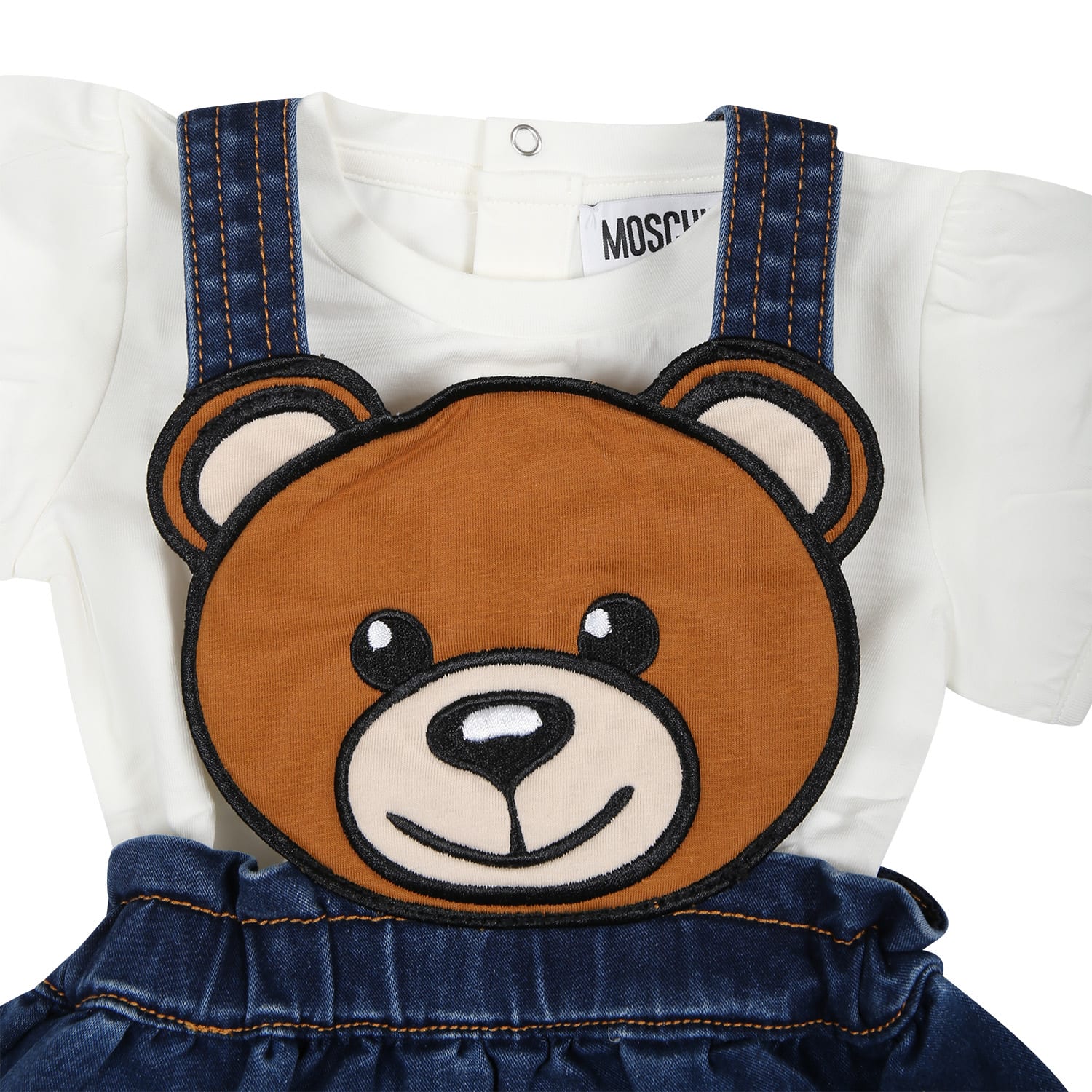 Shop Moschino Denim Dungarees For Baby Girl With Teddy Bear