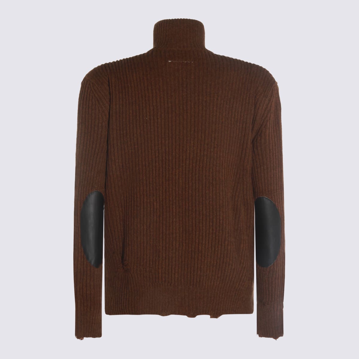 Mm6 Maison Margiela High Neck Ribbed Crewneck Sweater With Distressed Elbow Patches In Brown