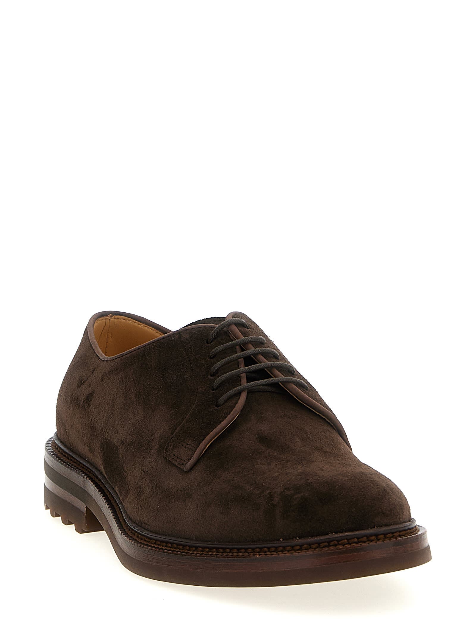 Brunello Cucinelli Classic Brown Suede Derby Shoes In Green