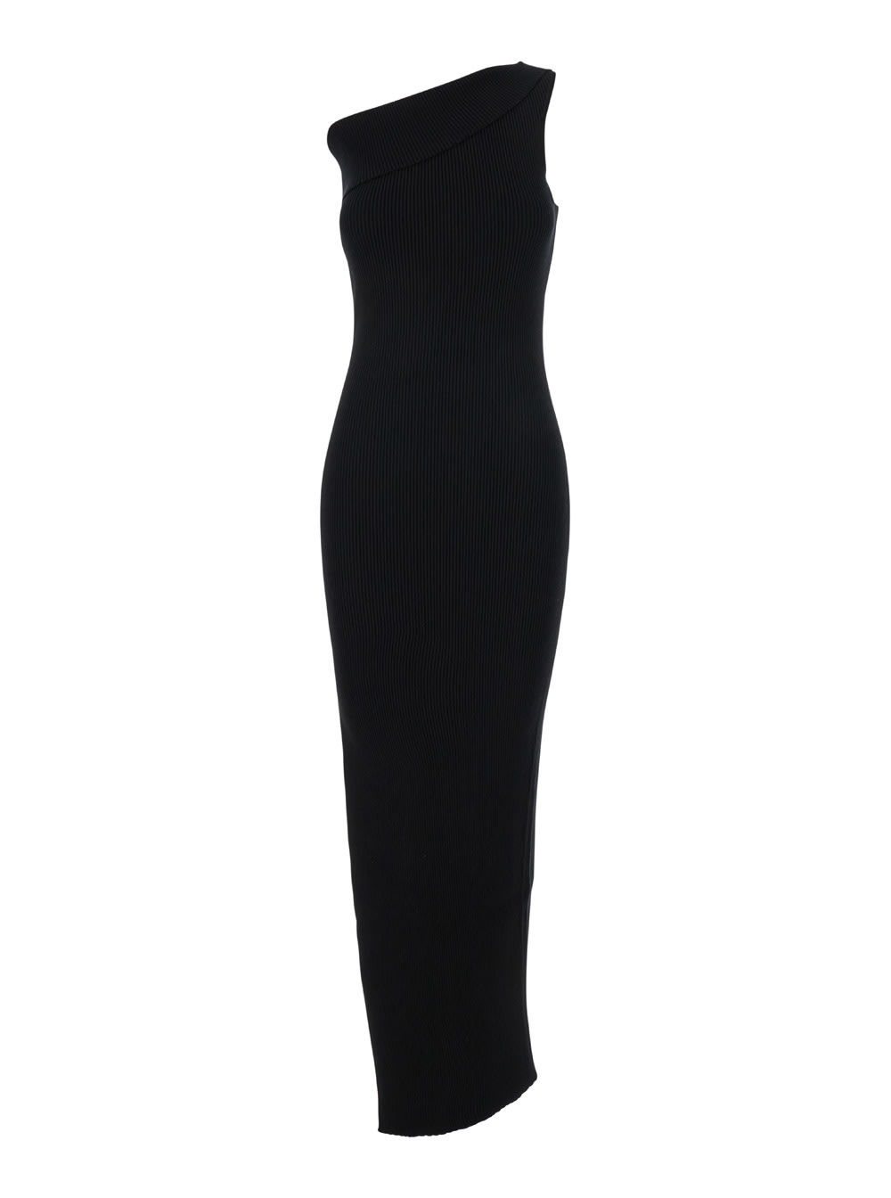 Shop Rick Owens Athena Black Long One-shoulder Dress In Ribbed Knit Woman