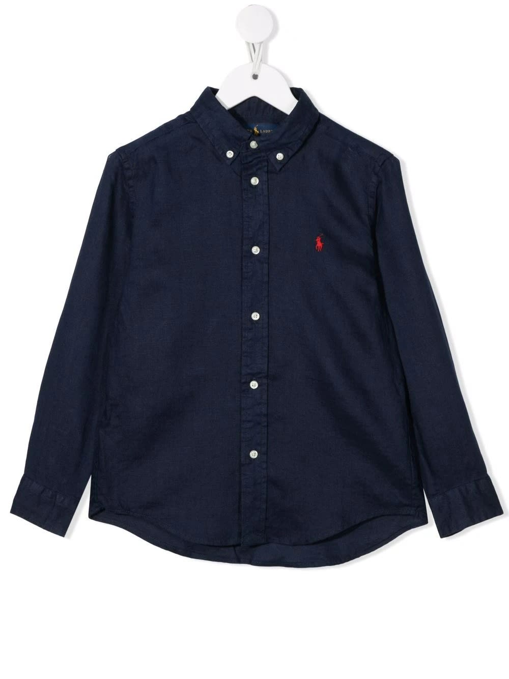 Shop Ralph Lauren Navy Blue Linen Shirt With Embroidered Pony