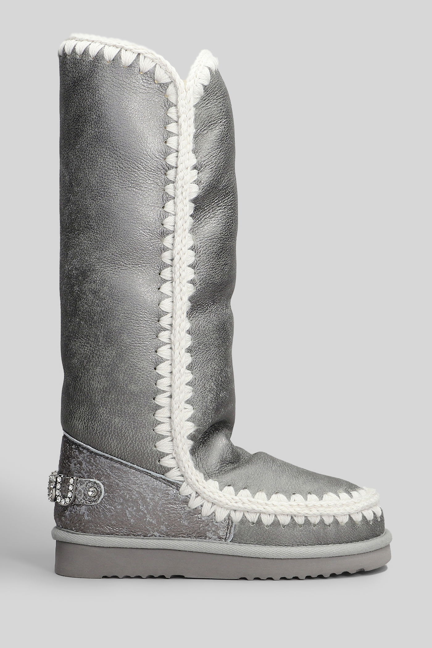 Mou Eskimo 40 Low Heels Boots In Silver Suede