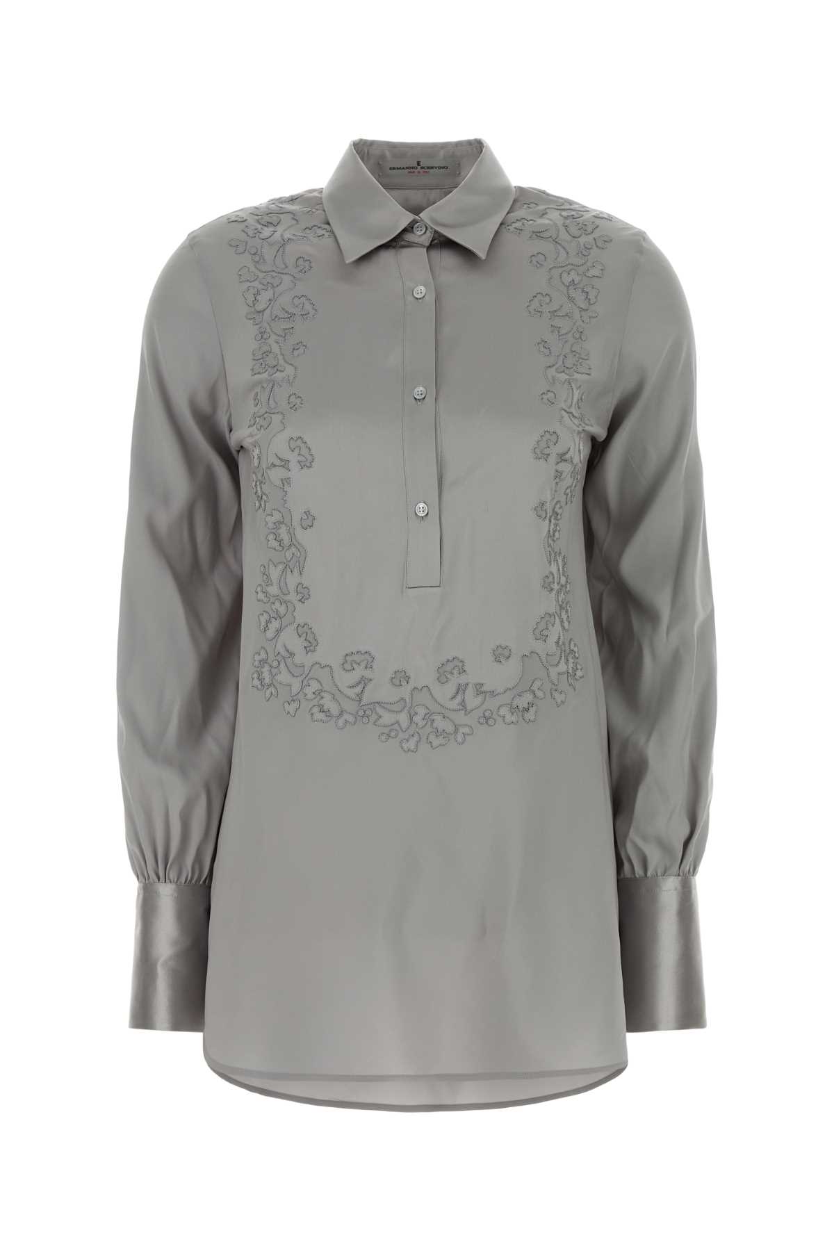 Ermanno Scervino Satin Shirt With Buttoned Cuffs And Embroidery In Gray