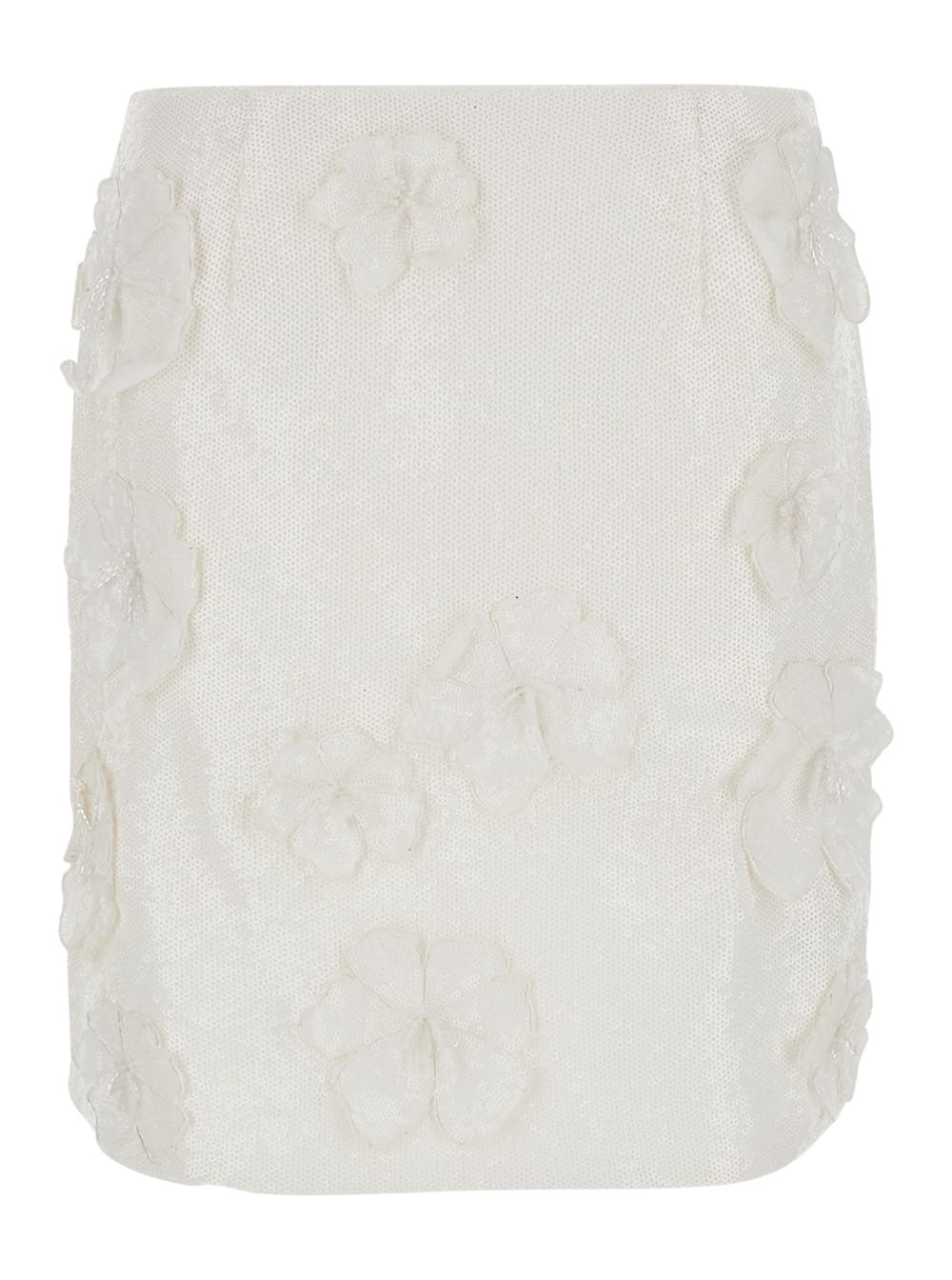 Mini White Skirt With Flowers And Sequins In Fabric Woman