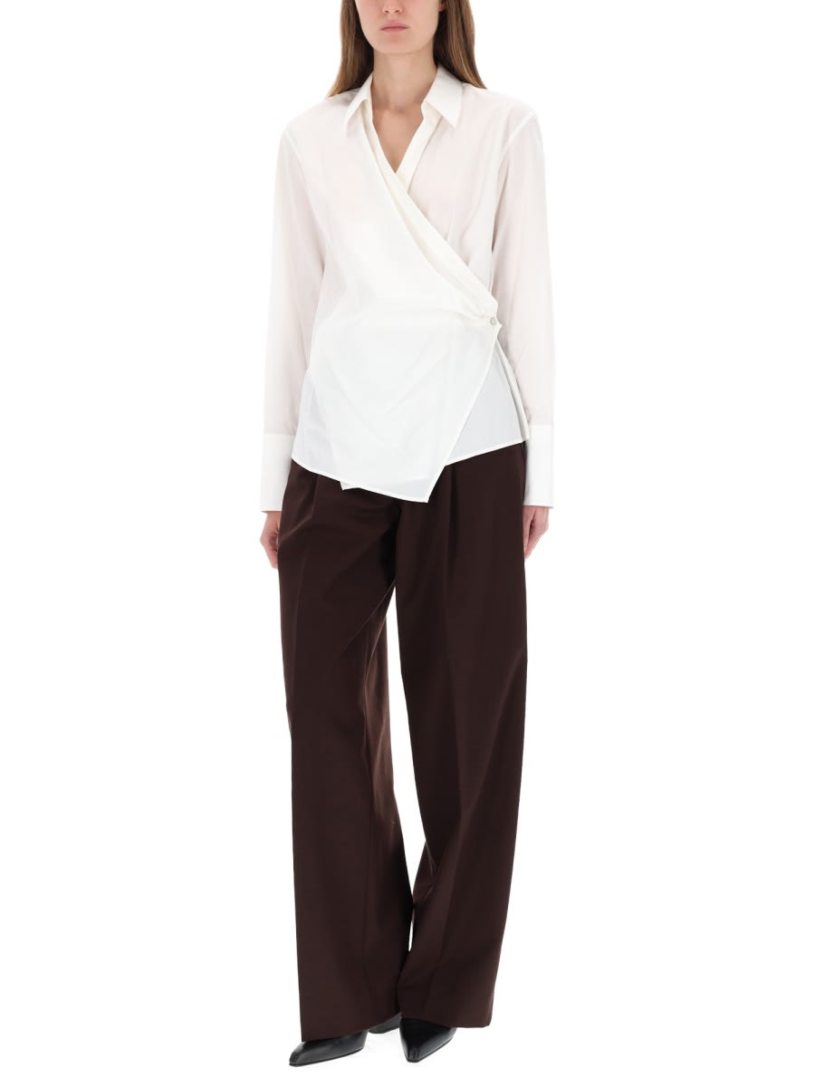 Helmut Lang Long Sleeve Wrap Top With Collared Neck In White