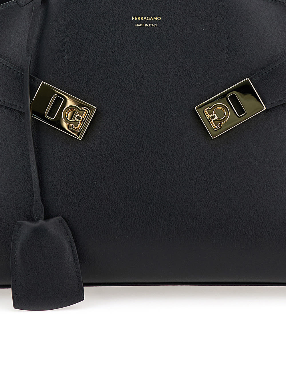 Ferragamo Hardware Gold-tone Shoulder Bag Structured Handles In Black