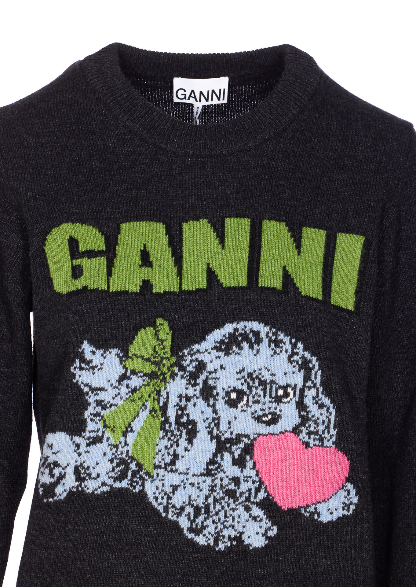 Ganni Playful Puppy Love Graphic Wool Blend Crewneck Sweater In Black