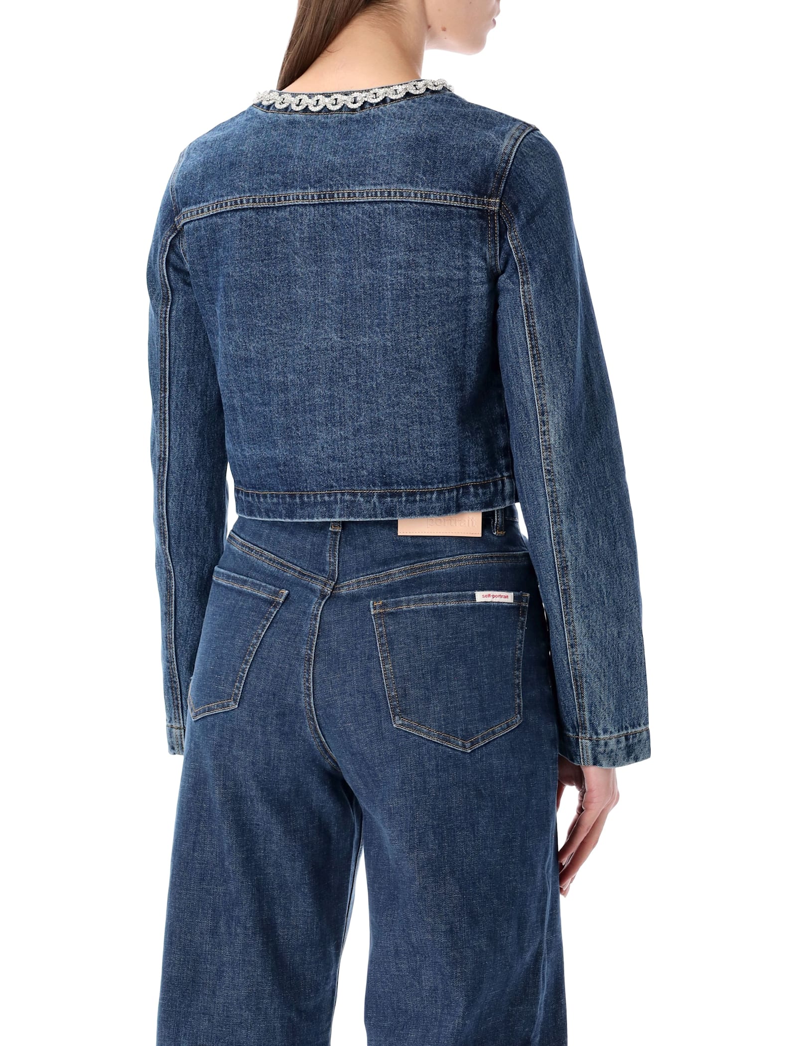 Self-portrait Cropped Denim Jacket With Crystal Chain Trims In Blue