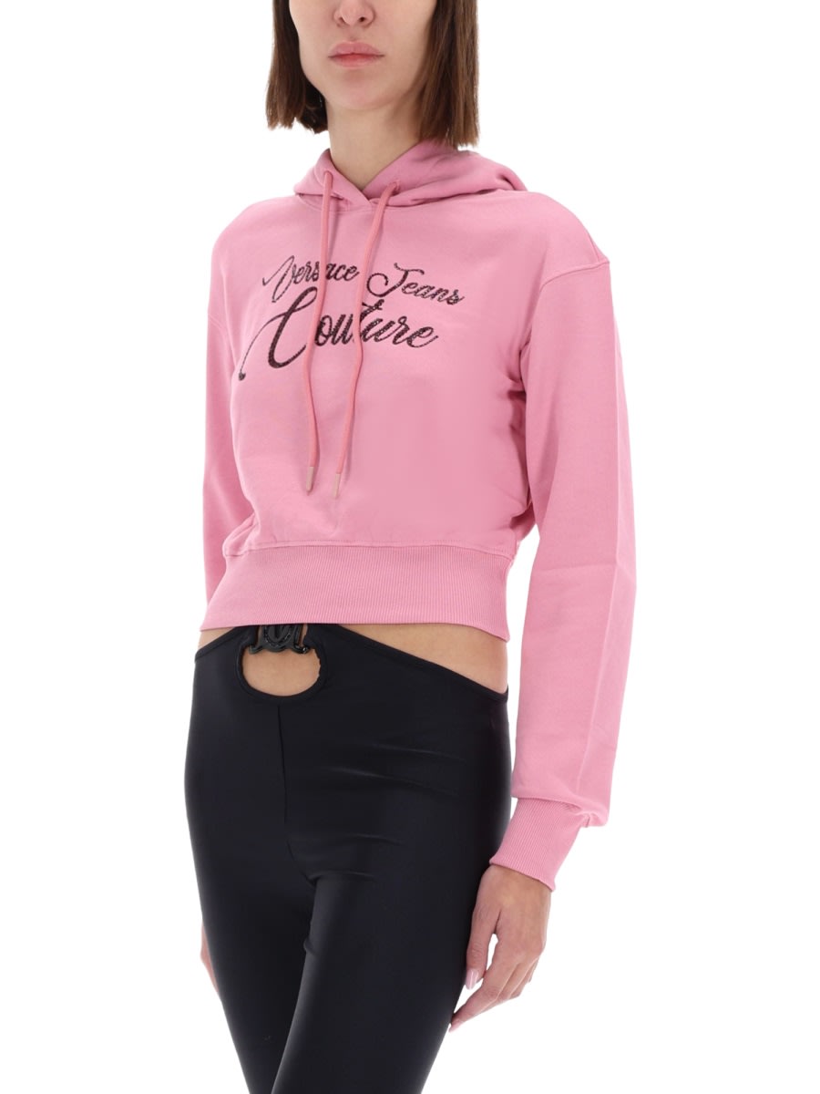 Versace Jeans Couture Cropped Sweatshirt With Logo In Pink