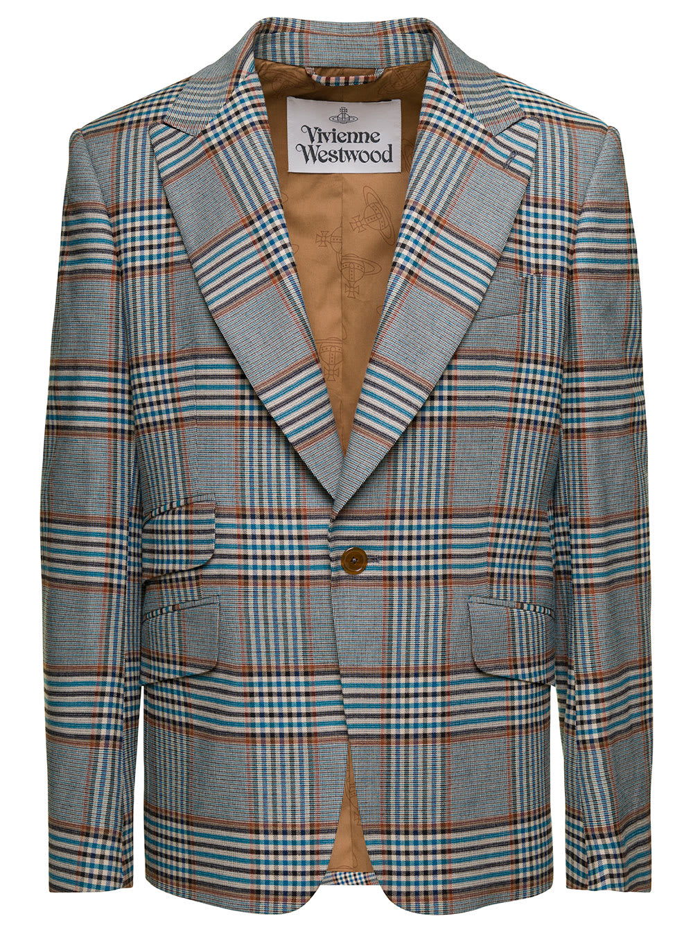 VIVIENNE WESTWOOD GREY SINGLE-BREASTED JACKET WITH CHECK MOTIF IN VISCOSE AND WOOL BLEND MAN
