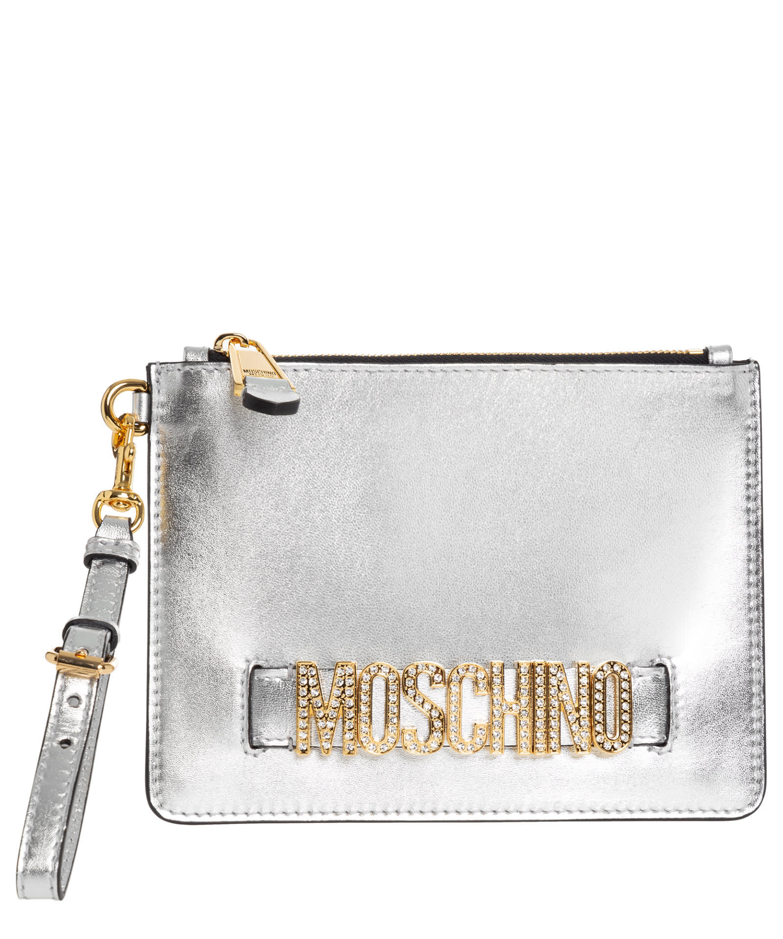 Moschino Leather Clutch In Silver