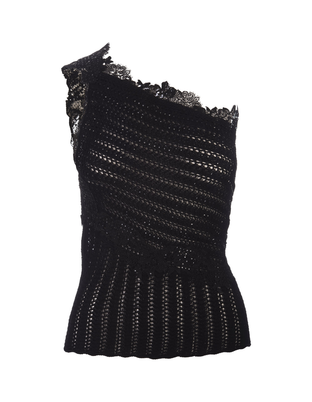 Black Cotton Top With Lace And Crystals