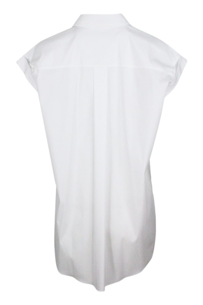 Shop Brunello Cucinelli Sleeveless Shirt In Stretch Cotton With Front Pockets Embellished With Shiny Jewels In White